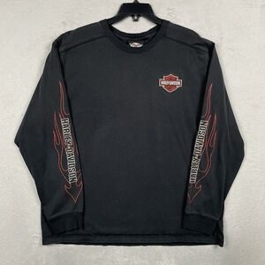 Harley Davidson Shirt Mens 2XL Black Faded Flame Long Sleeve Embroidered Y2K